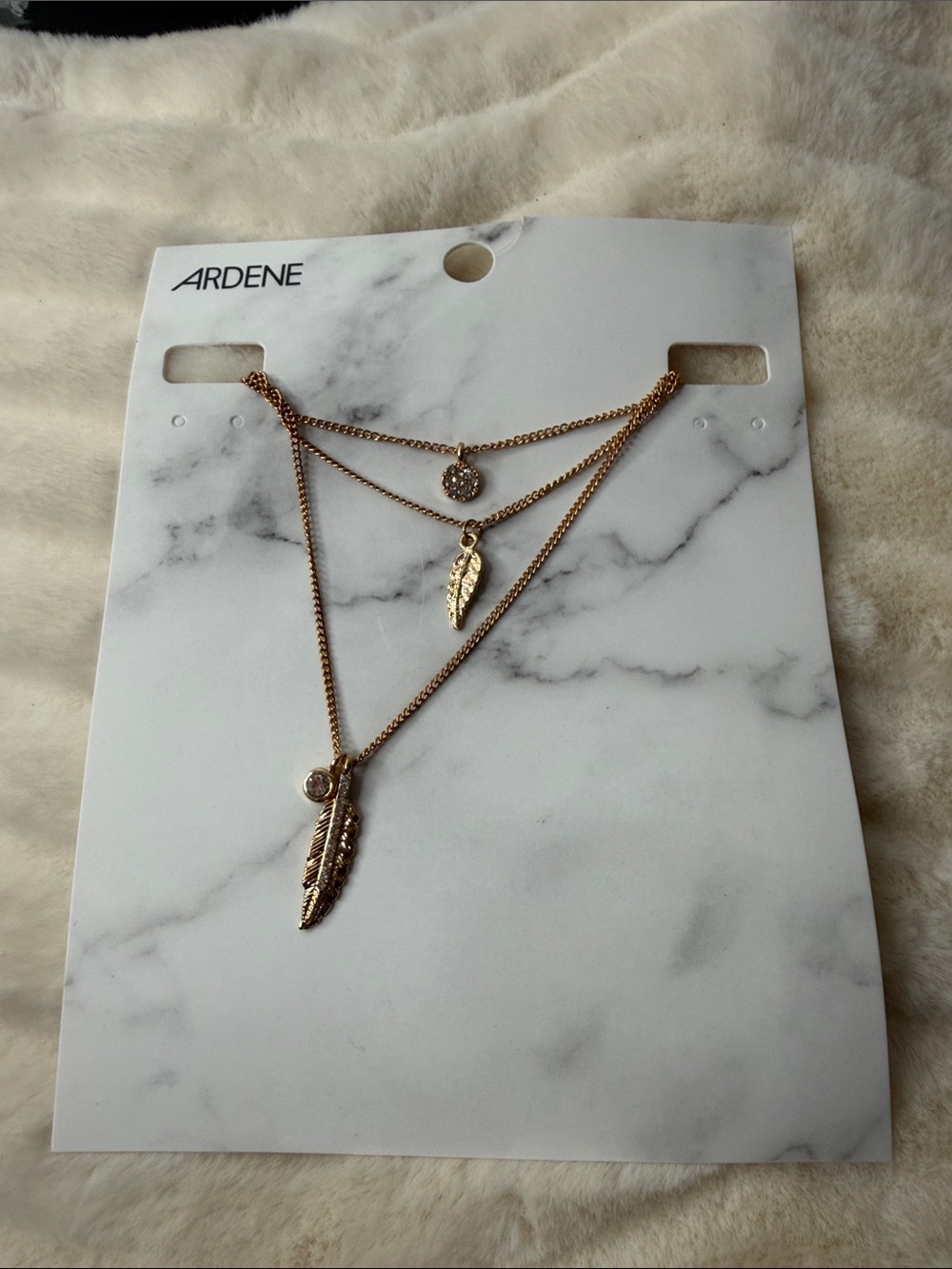 Ardene Gold Triple-Layer Feather & Crystal Charm Necklace